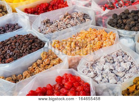 Selective focus, Dried sweet fruits for sale at market in Chinatown, Bangkok, Thailand