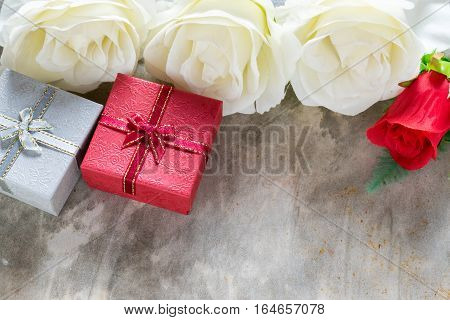 Love Concept Valentine's Day Background,red Heart With Red White Rose ,ribbon