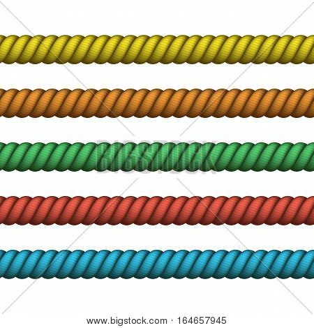 Climbing twisted rope for lasso or marine knots. Vector Nautical rope thin and thick. Navy rope of different color for border or frame.