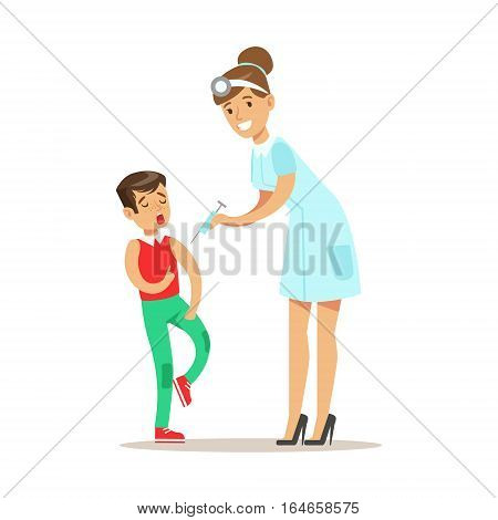 Kid On Medical Check-Up With Female Pediatrician Doctor Doing Vaccination For The Pre-School Health Inspection. Young Child On Medical Appointment Checking General Physical Condition Illustration.