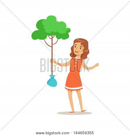 Girl Planting A Tree Helping In Eco-Friendly Gardening Outdoors Part Of Kids And Nature Series. Happy Child Interacting With Nature And Participating In Garden Clean-up Procedures Vector Illustration.