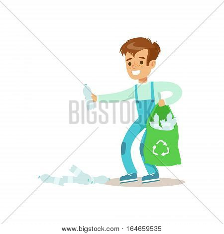 Boy Picking Recycle Garbage Helping In Eco-Friendly Gardening Outdoors Part Of Kids And Nature Series. Happy Child Interacting With Nature And Participating In Garden Clean-up Procedures Vector Illustration.