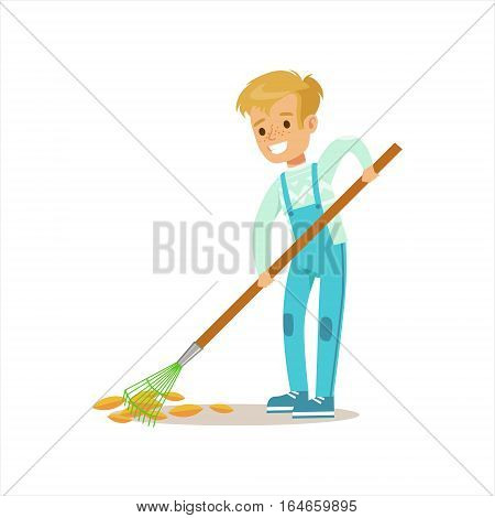 Boy Collecting Fallen Leaves With Rake Helping In Eco-Friendly Gardening Outdoors Part Of Kids And Nature Series. Happy Child Interacting With Nature And Participating In Garden Clean-up Procedures Vector Illustration.