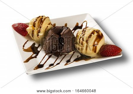 Petit Gateau Dessert With Ice Cream And Strawberry In White Background