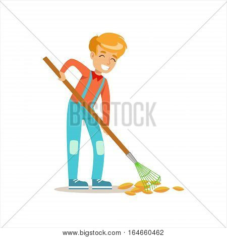 Boy Raking Fallen Autumn Leaves Helping In Eco-Friendly Gardening Outdoors Part Of Kids And Nature Series. Happy Child Interacting With Nature And Participating In Garden Clean-up Procedures Vector Illustration.