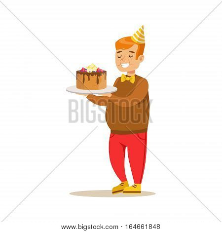 Chubby Boy With Big Cake, Kids Birthday Party Scene With Cartoon Smiling Character. Part Of Children And Festive Celebration Attributes Series Of Vector Illustrations