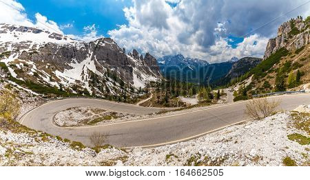 Pass road for Tre Cime National Park Dolomites Italian Alps. Panoramic View