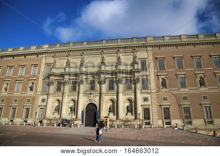 STOCKHOLM SWEDEN - AUGUST 19 2016: View of The Royal Palace located on the Slottsbacken street in Stockholm Sweden on August 19 2016.