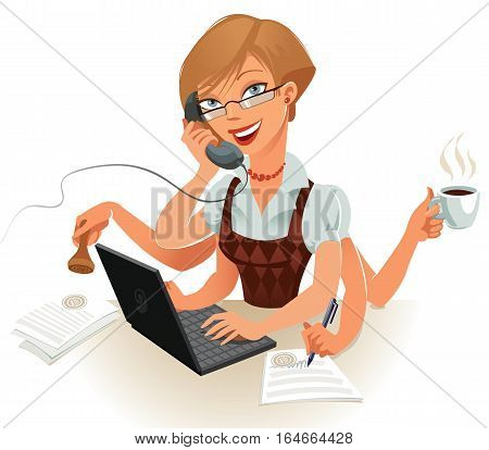 The secretary can easily handle several things at the same time. Work on the computer, talk on the phone, sign important documents, attach a seal to a document, brewed coffee, vector illustration