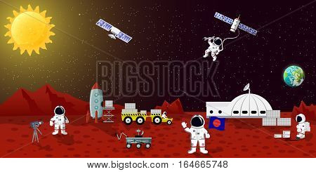 Mars colonization vector ilustration. Space planet austronaut station, spaceman characters