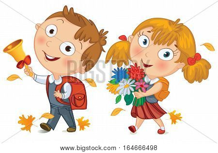 Back to school. Schoolboy and schoolgirl go to school. Little girl holding a bouquet of flowers. Young boy ringing the school bell. Vector illustration