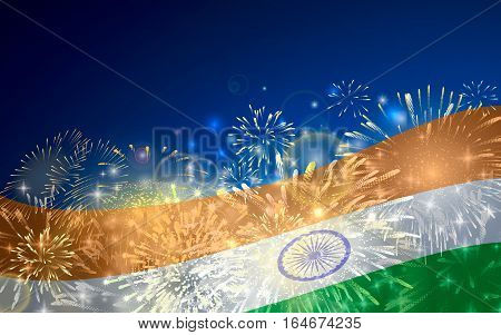 India background in tricolor and Ashoka Chakra with festive fireworks bursts. Concept of Indian Republic Day celebrations or Independence day. Flag over bright explosions and blast in the night.
