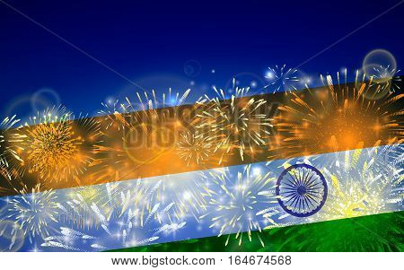 India background in tricolor and Ashoka Chakra with festive fireworks bursts. Concept of Indian Republic Day celebrations or Independence day. Flag over bright explosions and blast in the night.