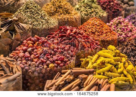 Spices and herbs being sold on street stal at Morocco traditional market.