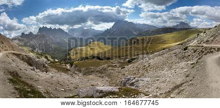Panoramic view from the Tre Cime di Lavaredo towards Monte Cristallo, Italy.