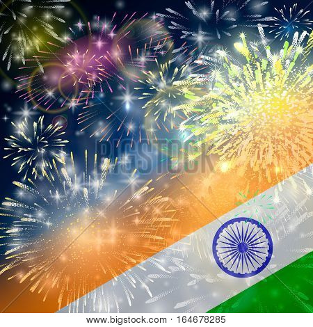 India background in tricolor and Ashoka Chakra with festive fireworks bursts. Concept of Indian Republic Day celebrations or Independence day. Flag over bright explosions and blast in the night.
