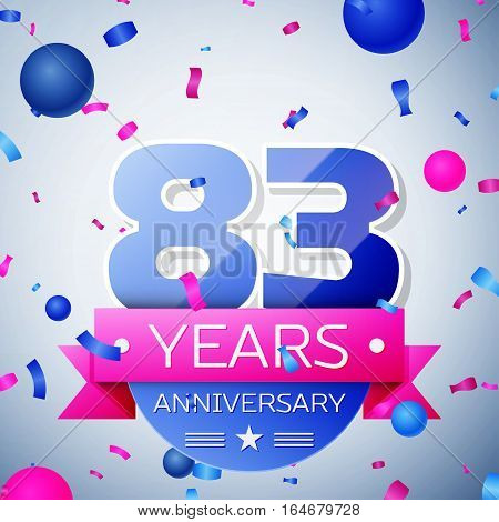 Eighty three years anniversary celebration on grey background. Anniversary ribbon