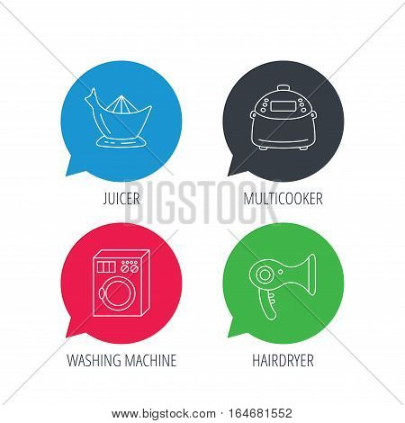 Colored speech bubbles. Washing machine, multicooker and hair dryer icons. Washing machine linear sign. Flat web buttons with linear icons. Vector