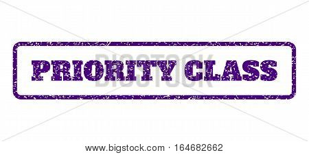 Indigo Blue rubber seal stamp with Priority Class text. Vector message inside rounded rectangular banner. Grunge design and scratched texture for watermark labels.