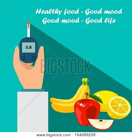 Very high quality original trendy vector flat illustration Blood test or glaucometer, glucose meter with healty food