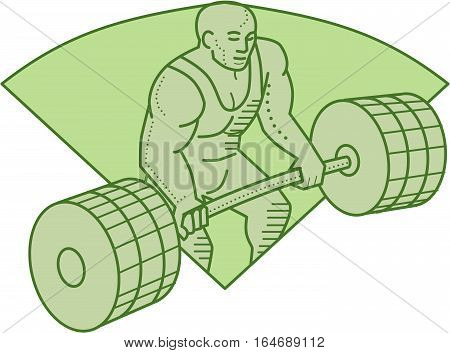 Mono line style illustration of a weightlifter lifting barbell weights with both hands set inside shield crest on isolated background.