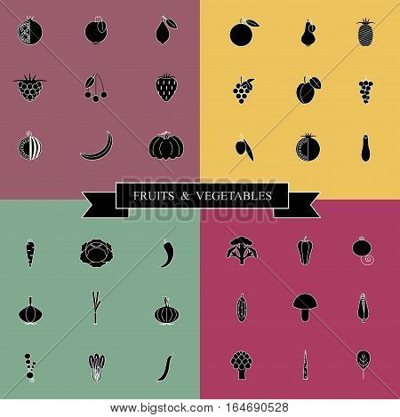 Black and white set fruits and vegetables icons on green, purple and yellow, stock vector illustration