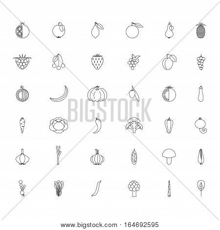 Black and white set fruits and vegetables line hand drawn icons, stock vector illustration