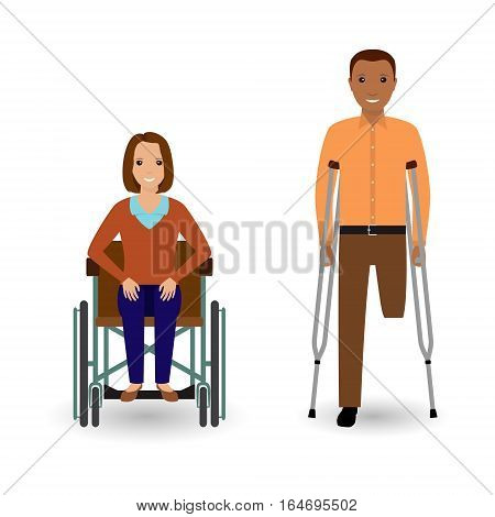 Disability people concept. Invalid woman in wheelchair and disabled african american man with crutches isolated on a white background. Flat style vector illustration.