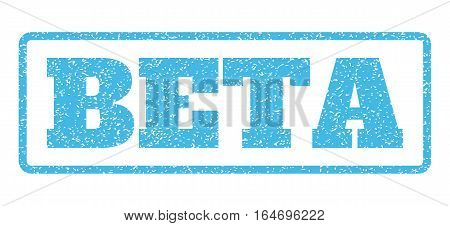 Light Blue rubber seal stamp with Beta text. Vector message inside rounded rectangular shape. Grunge design and unclean texture for watermark labels. Horisontal emblem on a white background.
