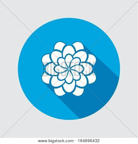 Flower icon. Dahlia, aster, daisy, chrysanthemum, gowan. Summer, autumn floral symbol. Round green flat sign with long shadow. Vector isolated.
