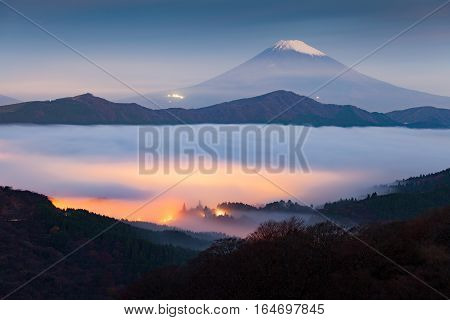 Mt.fuji and sea of mist above lake ashi at Hakone in autumn early morning