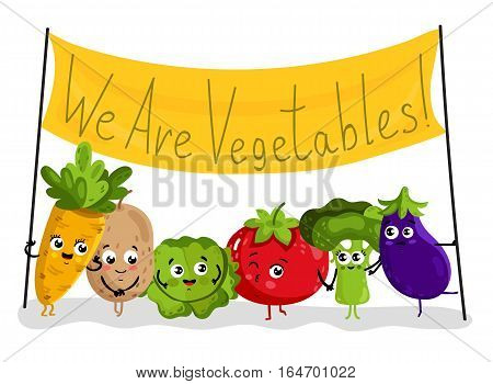 Cute vegetable cartoon characters isolated on white background vector illustration. Funny carrot, potato, cabbage, tomato, broccoli, eggplant with banner. Happy smile emoticon face, comical food emoji