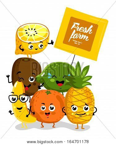 Cute fruit cartoon characters isolated on white background vector illustration. Funny pineapple, orange, lemon, lime, banana, kiwi with banner. Happy smile emoticon face, comical fruit mascot group