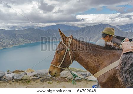 QUILOTOA, ECUADOR, FEBRAURY - 2016 - Indian with his horse and Quilotoa lagoon at background Ecuador