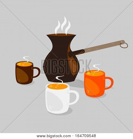 Three coffee cups with hot coffee with cream and coffee pot