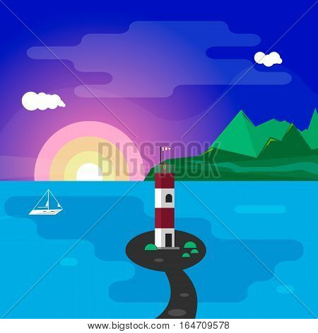 Lighthouse and yacht at summer sunset landscape illustration