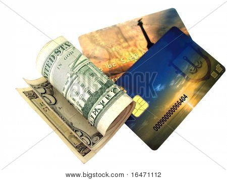 Nahaufnahme der gelben und blauen Kreditkarte mit Geld