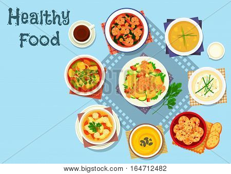 Rich soup and seafood dishes icon of vegetable mango salad with grilled shrimp, soups with carrot, bean, meatball, potato, cauliflower and cream, shrimp stew with bacon and garlic prawn