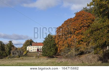 ROSLAGEN, SWEDEN ON OCTOBER 10. View in the morning, colorful leaves in the trees, a sunny estate on October 10, 2016 in Roslagen, Sweden. Park to the left. Editorial use.