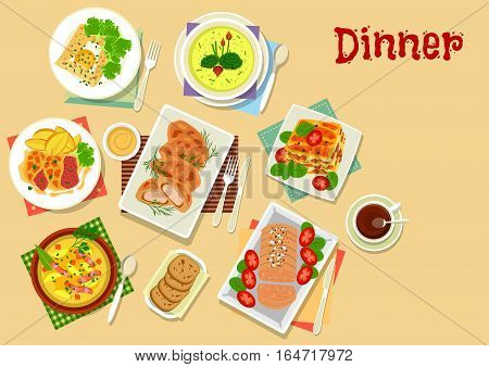 Meat and potato dishes for lunch icon with chicken in potato batter, beef chop with cheese, pancake with egg, potato bacon soup, beef pumpkin lasagna, potato cream soup, liver pate