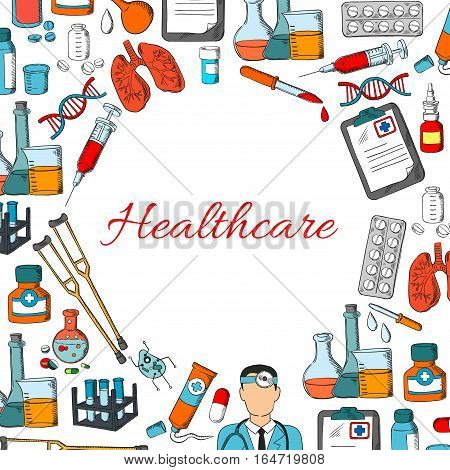 Healthcare poster. Vector medical tools, medicine and medical treatment equipment, doctor, pills, drugs, lungs, microscope, heart, blood and dna, x-ray and drops, syringe, stethoscope and dropper, test flask and ointment tube, dropper and lungs