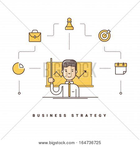 Business strategy. Cartoon character giving presentation. Vector illustration with flat line icons