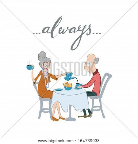Cute Valentines Day card with lovely and happy senior couple and hand-lettered word "always". Vector illustration. Cartoon style. Elder caucasian man and woman spending time together.