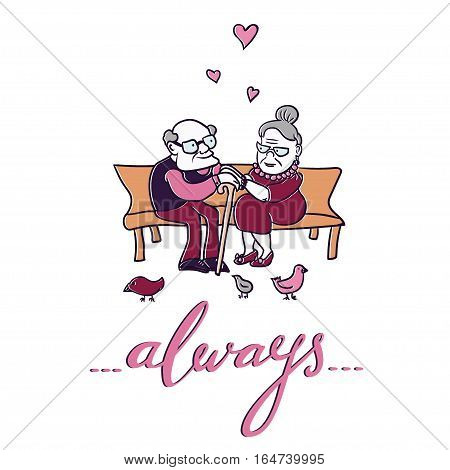 Cute Valentines Day card with lovely and happy senior couple and hand-lettered word 