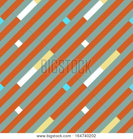 Seamless geometric stripy pattern. Texture of diagonal strips, lines. Yellow, white rectangles on gray, orange striped background. Baby, children colored. Vector