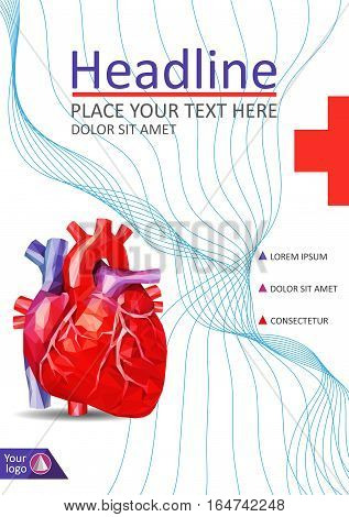 Cover design on white background abstract graphic lines low poly human heart vector. Flyer brochure journal booklet annual report company profile magazine. Medical report template design. A4.