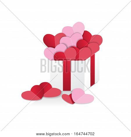 paper hearts in gift box with red ribbon, vector illustration