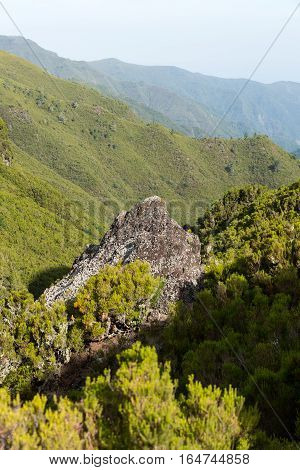 Picturesque aerial panorama of mountains and rainforest hills on Madeira island Portugal.