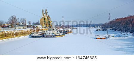 Winter scene. Danube river arm, Plants channel, Giurgiu city, Romania.