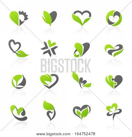 Eco-themed design elements in shape of heart. Vector illustration.